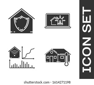 Set House temperature, House under protection, Smart home with wi-fi and Laptop with smart house and alarm icon. Vector