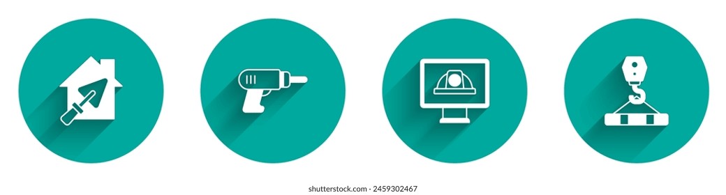 Set House with trowel, Electric drill machine, Worker safety helmet and Crane hook icon with long shadow. Vector