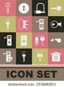 Set House under protection, Broken key, Key, Bicycle lock, Bunch of keys, Locked,  and Digital door icon. Vector