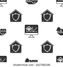 Set House under protection, Computer monitor with smart home with wi-fi and House under protection on seamless pattern. Vector