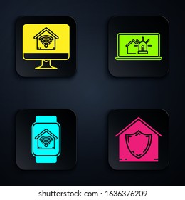 Set House under protection, Computer monitor with smart home with wi-fi, Smart watch with smart home with wi-fi and Laptop with smart house and alarm. Black square button. Vector