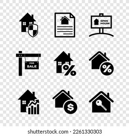 Set House under protection, contract, Hanging sign with Open house, Rising cost of housing, dollar, key, For Sale and percant icon. Vector