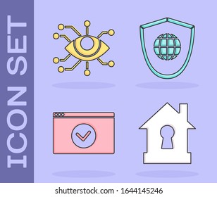 Establecer Casa bajo protección , Análisis de ojos , Proteger su sitio con HTTPS, SSL y Escudo con icono mundial. Vector