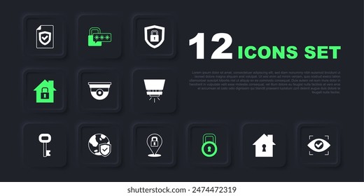 Set House under protection, Eye scan, Security camera, Lock, Shield with world globe, Cyber security and  icon. Vector