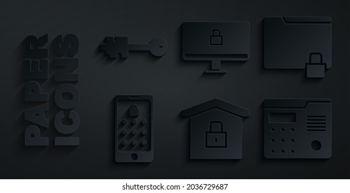 Set House under protection, Folder and lock, Mobile graphic password, intercom system, Lock computer monitor and Old key icon. Vector