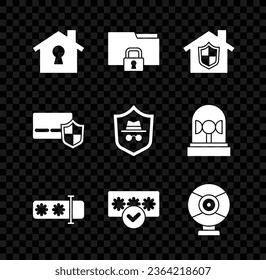 Establezca House bajo protección, Carpeta y bloqueo, Contraseña, Cámara de seguridad, Tarjeta de crédito con blindaje e icono de modo Incognito. Vector
