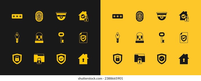 Poner la Casa bajo protección, Carpeta y bloqueo, Tecla antigua, Escudo con marca de verificación, Sonido de alarma, Cámara de seguridad, Contraseña e icono de huella digital. Vector