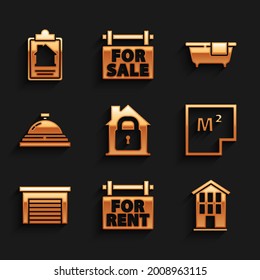 Set House under protection, Hanging sign with For Rent, plan, Garage, Hotel service bell, Bathtub and contract icon. Vector
