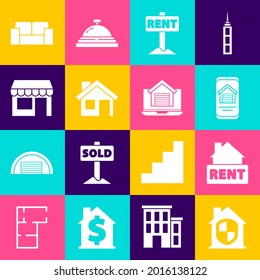 Set House bajo protección, Bandera colgante con alquiler, Casa inmobiliaria en línea, Tienda de mercado, Sofá e icono. Vector