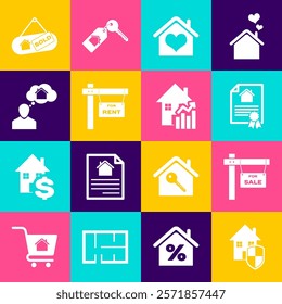Set House under protection, Hanging sign with For Sale, contract, heart shape, Rent, Man dreaming about buying house, Sold and Rising cost of housing icon. Vector