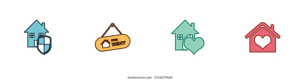 Set House under protection, Hanging sign with For Rent, heart shape and  icon. Vector