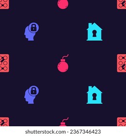 Poner a House bajo protección, cabeza humana con cerradura, bomba lista para explotar y contraseña gráfica en un patrón sin fisuras. Vector