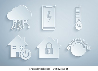 Set House under protection, Humidity, Smart home, Thermostat, Mobile charging battery and Internet of things icon. Vector