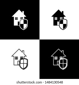 Set House under protection icon isolated on black and white background. Home and shield. Protection, safety, security, protect, defense concept.  Vector Illustration