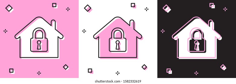 Set House under protection icon isolated on pink and white, black background. Home and lock. Protection, safety, security, protect, defense concept.  Vector Illustration