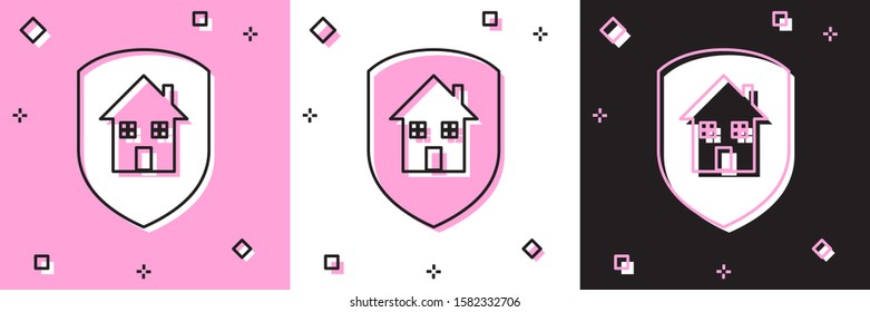 Set House under protection icon isolated on pink and white, black background. Home and shield. Protection, safety, security, protect, defense concept.  Vector Illustration