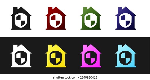 Set House under protection icon isolated on black and white background. Home and shield. Protection, safety, security, protect, defense concept.  Vector