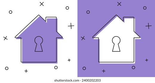 Das Haus unter Schutzsymbol einzeln auf weißem und violettem Hintergrund setzen. Heim und Schild. Schutz, Sicherheit, Gefahrenabwehr, Schutz, Verteidigungskonzept.  Vektorgrafik