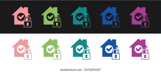 Set House under protection icon isolated on black and white background. Home and lock. Protection, safety, security, protect, defense concept.  Vector