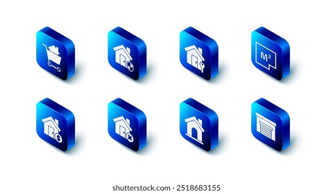 Set House under protection, with key, plan, Garage, wrong mark, dollar symbol and Shopping cart house icon. Vector