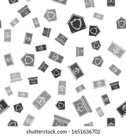 Set House under protection, Laptop with house under protection, Laptop with smart house and light bulb and Mobile phone with smart house and light bulb on seamless pattern. Vector