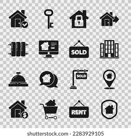 Set House under protection, Location with house, Online real estate, Heating radiator, check mark and Hanging sign text Sold icon. Vector