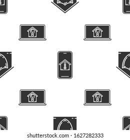 Set House under protection, Mobile phone with house temperature and Laptop with smart house and light bulb on seamless pattern. Vector