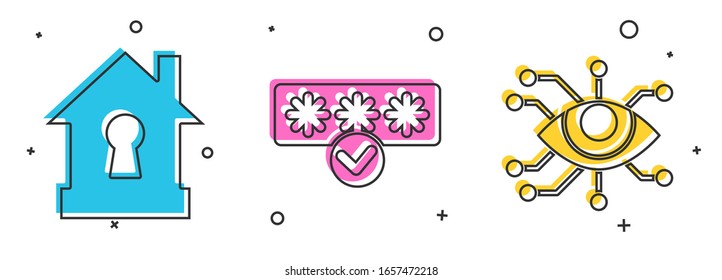 Coloque House bajo protección , Protección de contraseña y acceso de seguridad e icono de escaneo de ojos. Vector