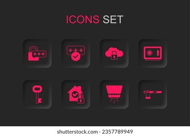 Set House under protection, Password, Cyber security, Fire sprinkler system, Safe, Parking car barrier, Cloud computing lock and Old key icon. Vector