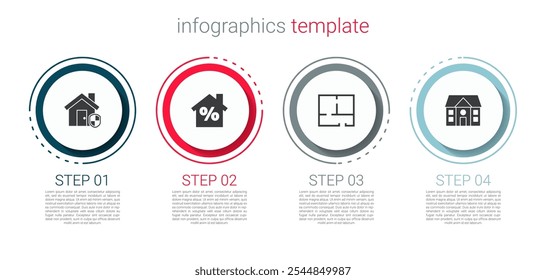 Set House sob proteção, com desconto, plano e . Modelo de infográfico comercial. Vetor