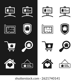 Casa bajo protección, Plan, signo colgante con casa abierta, en alquiler, Carrito de compras, Búsqueda, e icono de forma de corazón. Vector
