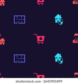 Set Casa bajo protección, Plan, Carrito de compras con casa y Realtor en patrón sin fisuras. Vector