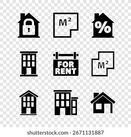 Setzen Sie Haus unter Schutz, Plan, mit Prozent Rabatt, und hängende Zeichen für Miete Symbol. Vektorgrafik