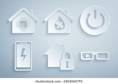 Set House under protection, Power button, Mobile charging battery, Smart glasses, humidity and home icon. Vector