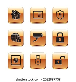Set House under protection, Safe, Lock, Security camera, Global lockdown, Shield with dollar, Open padlock and  icon. Vector