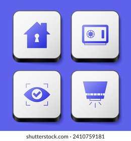 Establezca House bajo protección, Safe, Eye scan y Fire sprinkler system icon. Botón cuadrado blanco. Vector