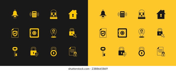 Set House under protection, Shield security with lock, Lock, Safe, Ringing alarm bell,  and Security keypad access panel icon. Vector
