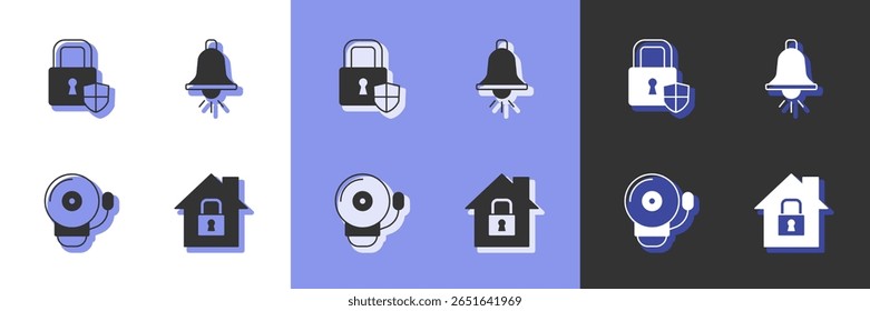 Set House under protection, Shield security with lock, Ringing alarm bell and  icon. Vector