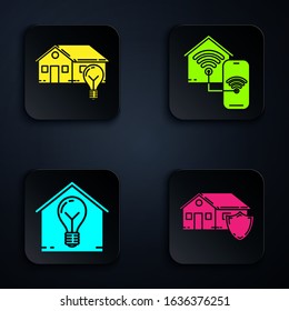 Set House under protection, Smart house and light bulb, Smart house and light bulb and Smart home with wi-fi. Black square button. Vector