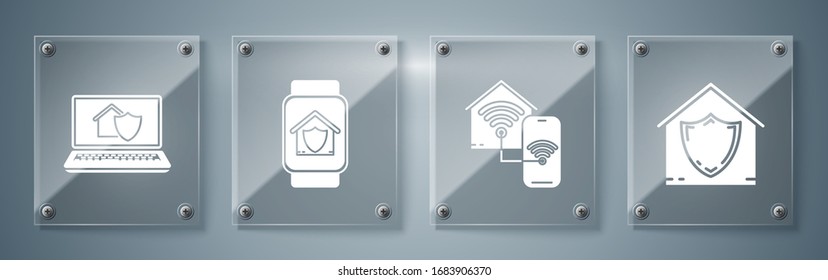 Set House under protection, Smart home with wi-fi, Smart watch with house under protection and Laptop with house under protection. Square glass panels. Vector