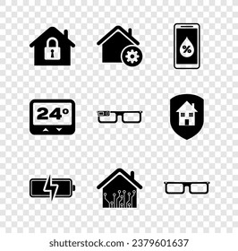 Establezca House bajo protección, ajustes inteligentes para el hogar, Humedad para inteligente, Batería, Lentes, Icono de Termostato y Gafas. Vector