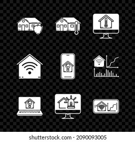 Set House under protection, temperature, Computer monitor with house, Laptop smart and light bulb, alarm, Mobile phone home wi-fi, Smart and  icon. Vector