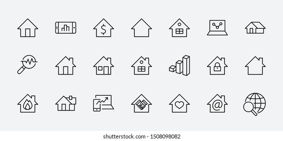 Set of House vector Home line icons. Contains symbols of the conclusion of the contract, heart, a drop of water, fire, money and many other things. Editable Stroke. 32x32 pixels.