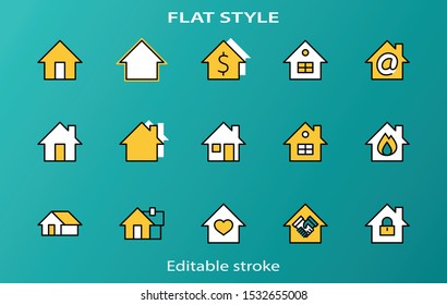 Set of House Vector Home Line Icons. Contains symbols of Conclusion of Contract, Heart, Drop of water, fire, money and more. Editable Stroke. 32x32 pixels.