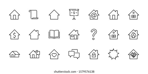 Set of House Vector Home Line Icons. Contains symbols of Conclusion of Contract, Heart, Drop of water, fire, money and more. Editable Stroke. 32x32 pixels.