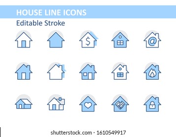 Set of House Vector Home Line Icons. Contains symbols of Conclusion of Contract, Heart, Drop of water, fire, money and more. Editable Stroke. 32x32 pixels.