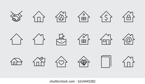 Set of House Vector Home Line Icons. Contains symbols of Conclusion of Contract, Heart, Drop of water, fire, money and more. Editable Stroke. 32x32 pixels.