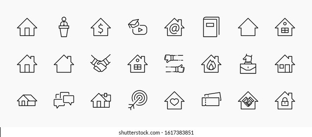 Set of House Vector Home Line Icons. Contains symbols of Conclusion of Contract, Heart, Drop of water, fire, money and more. Editable Stroke. 32x32 pixels.