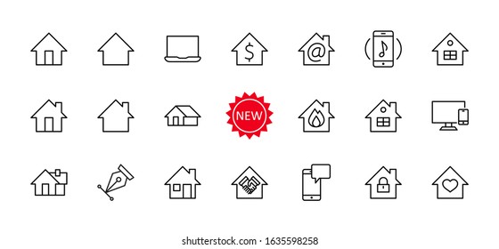 Set of House Vector Home Line Icons. Contains symbols of Conclusion of Contract, Heart, Drop of water, fire, money and more. Editable Stroke. 32x32 pixels.