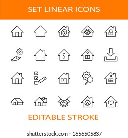 Set of House Vector Home Line Icons. Contains symbols of Conclusion of Contract, Heart, Drop of water, fire, money and more. Editable Stroke. 32x32 pixels.